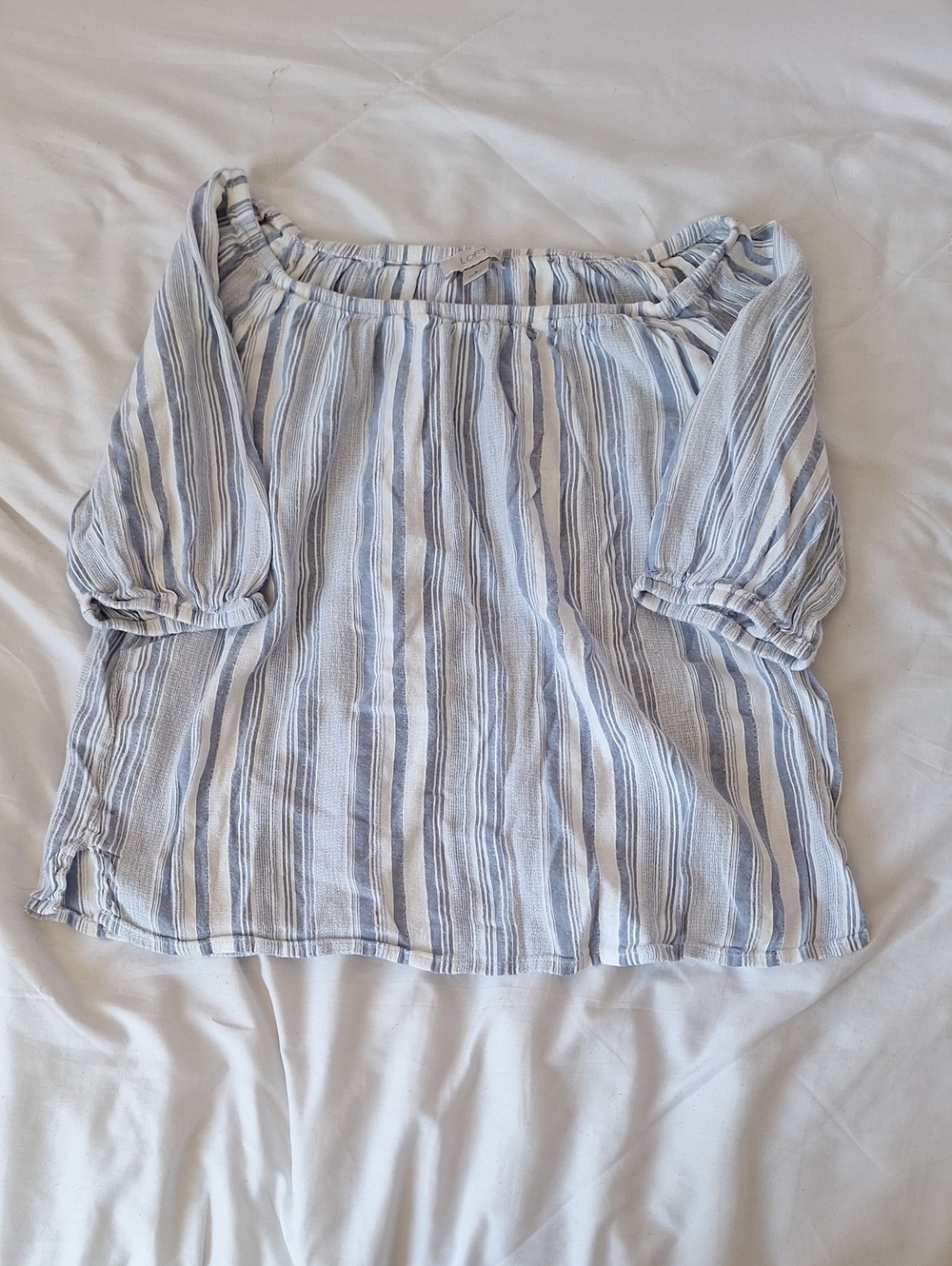 LOFT Blue and White Striped Off-Shoulder Peasant Blouse
